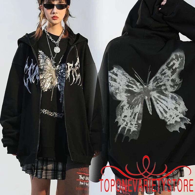 TOPQ-Áo hoodie dài tay dáng rộng in hình bướm phối túi có khóa kéo phong cách Gothic cho nữ