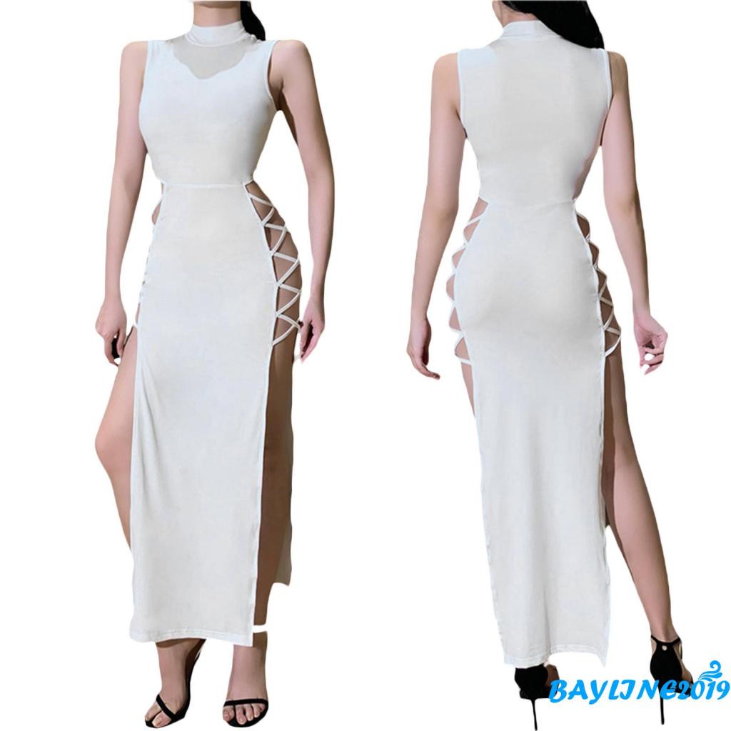 Đầm Dài Cổ Yếm Khoét Lỗ Không Tay Màu Trơn Có Dây Chéo Thời Trang Mùa Hè Cho Nữ