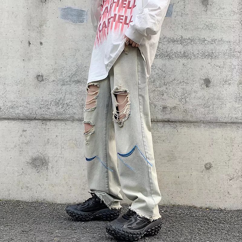 Quần Jeans Dài Rách Gối quần ống suông Thời Trang quần jean ống suông Dành quần baggy nữ quần jeans from rộng quần jean nam rách gối phong cách Hàn Quốc quần bò suông