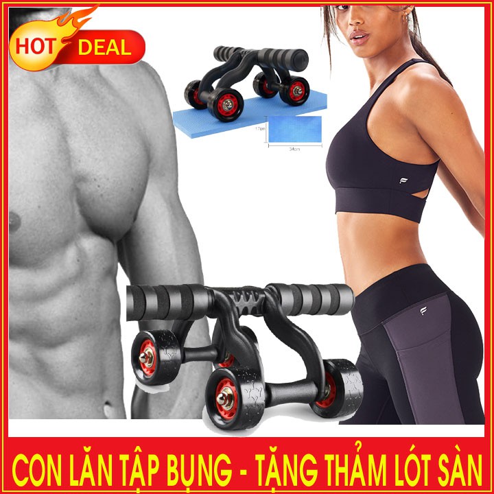 Dụng Cụ Con Lăn Tập Cơ Bụng 4 Bánh Giảm Mỡ Bụng Cao Cấp, Đa Năng Tại Nhà CL02 (Tặng Thảm)