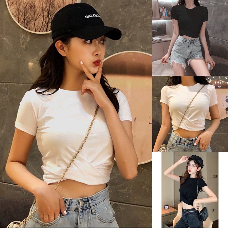 [Mã FAMAYWA giảm 10K đơn 50K] Áo thun croptop xoắn eo ngắn tay