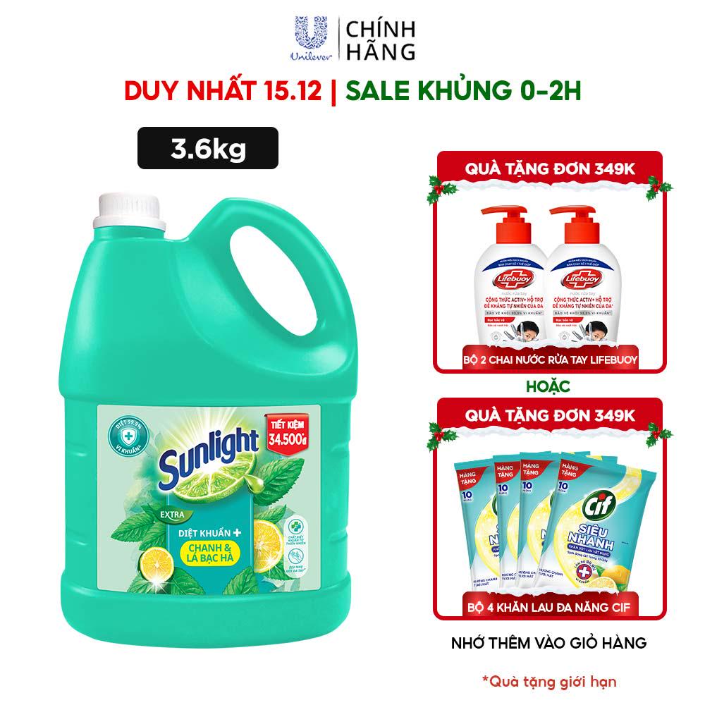 Nước rửa chén Sunlight Diệt Khuẩn Hương Chanh & Lá Bạc Hà chai 3.6kg (MỚI)