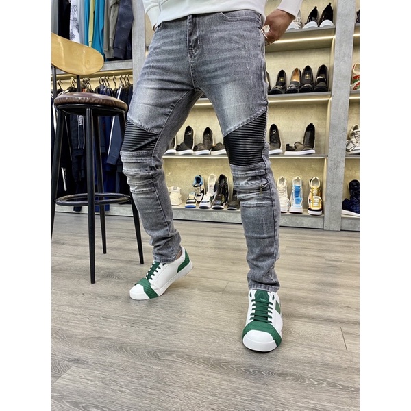 Quần Jean Biker Nam Pha Nhăn Da Khoá Zip Bản Cao Cấp QJ123P