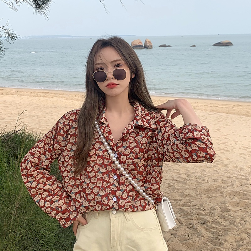SUXI Áo Sơ Mi Hoa Tay Dài Dáng Rộng Thiết Kế Mới Thời Trang Mùa Thu Theo Phong Cách Pháp Cho Nữ