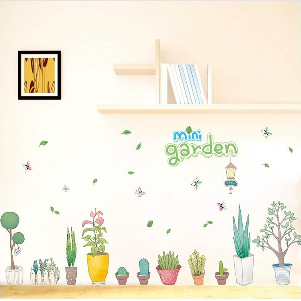 Decal trang trí tường - Nhiều Chậu Cây Mini Garden hoạt hình