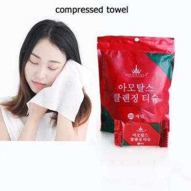 Túi 20 Khăn Giấy Nén Hàn Quốc Dạng Viên Kẹo Dùng 1 Lần - Có Khóa Zip Bỏ Túi Du Lịch Tiện Lợi