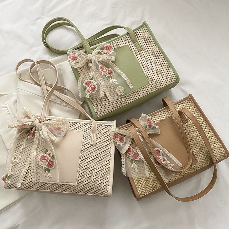 Túi xách Yadou đeo vai đan cói phối nơ ren phong cách cá tính