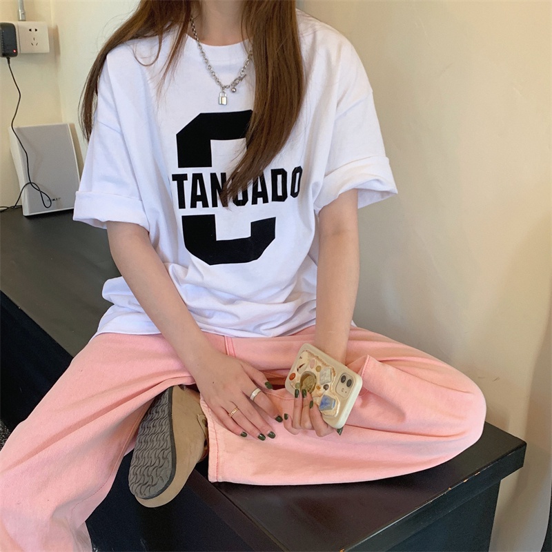 SUXI Áo Thun Tay Ngắn Dáng Rộng In Chữ Đơn Giản Thời Trang Hàn Quốc Cho Nữ