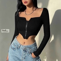 Áo kiểu tay dài cổ vuông tà nhọn phối dây kéo trước Ngọc Trinh cực xinh chất thun thái mềm