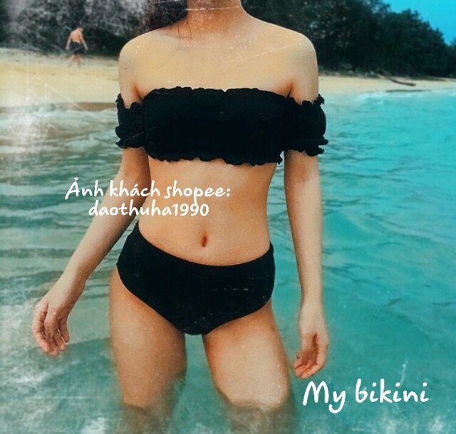 (Có sẵn) Đồ bơi/ Bikini trễ vai tay bèo 2 mảnh màu đỏ và đen