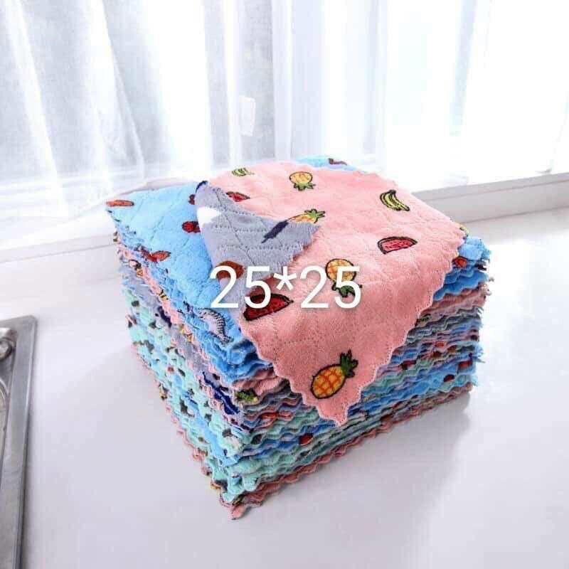 Set 10 Khăn Lau 2 Mặt Họa Tiết Hoa Quả hoạt hình 25x25cm Siêu Thấm Hút Nước - Khăn Lau Lông Cừu San Hô Siêu Thấm