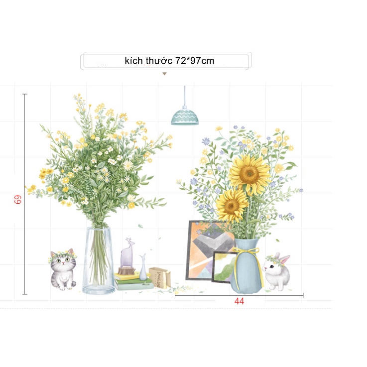 Decal trang trí tường - Chú mèo con nhỏ và chú thỏ đứng cạnh 2 bình hoa