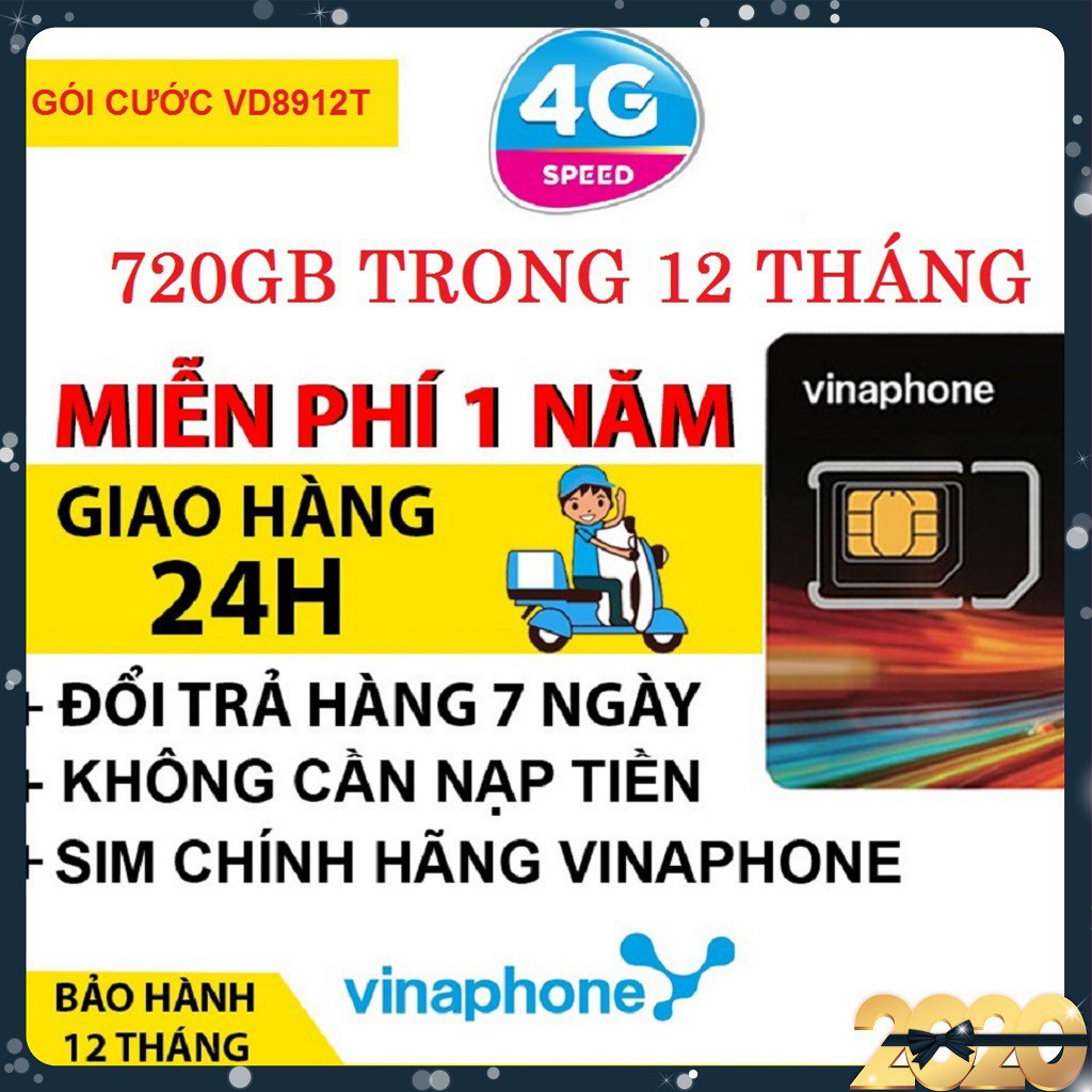 Sim 4G Vina trọn gói 1 năm, VD8912T, 2Gb ngày, miễn phí nội mạng dưới 20p và 50p ngoại mạng, không nạp tiền hàng tháng