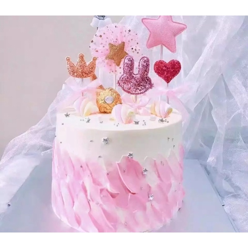 Bộ 5 Topper que cắm Tai thỏ + Vương miện trang trí bánh