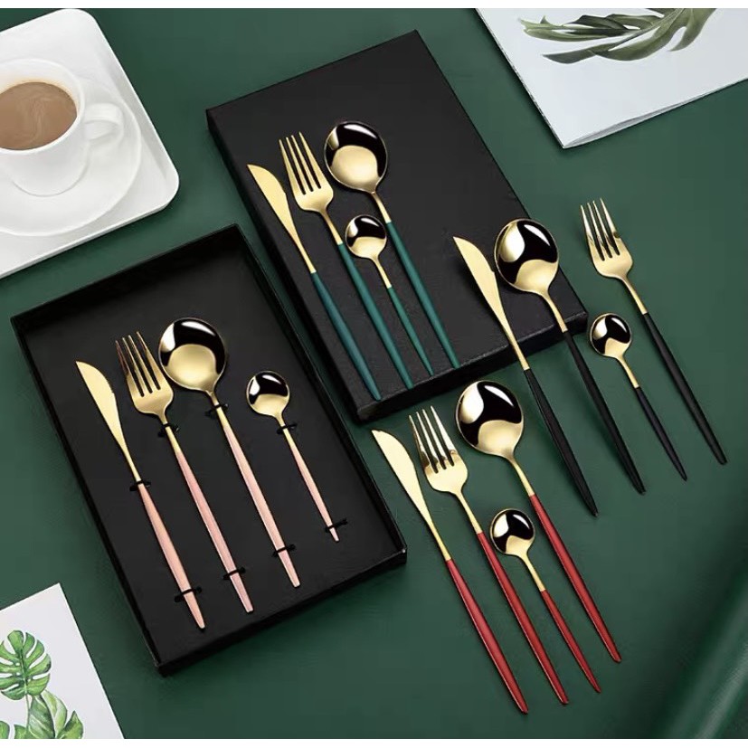 Bộ Thìa, Nĩa, Dao, Muỗng Inox Mạ Vàng Set 4 Sang chảnh