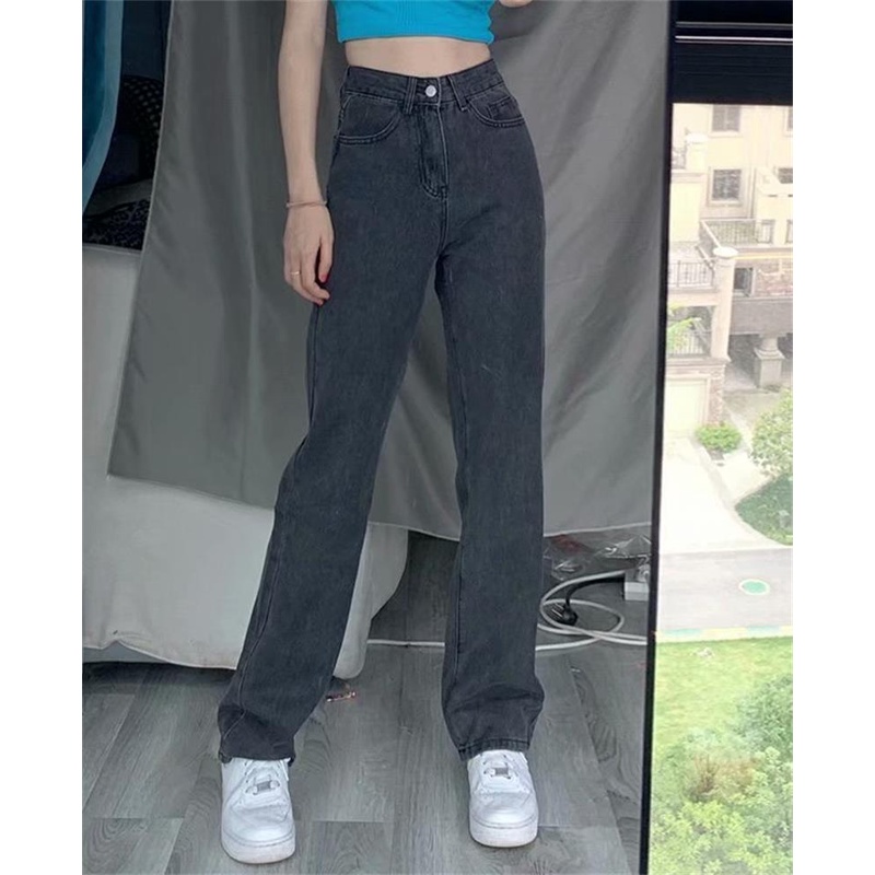 SUXI Quần jean nữ lưng cao ống rộng kiểu Hàn Quốc