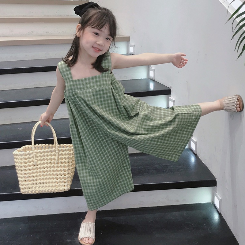 Bộ Áo Liền Quần Hai Dây Ống Rộng Họa Tiết Sọc Caro Phong Cách Hàn Quốc