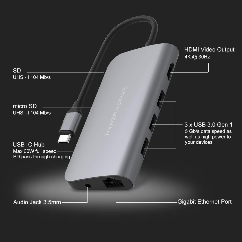 Cổng Chuyển HyperDrive Power 9-in-1 Usb-C Hub Cho iPhone, Macbook, Ultrabook, Usb-C Devices - HD30F