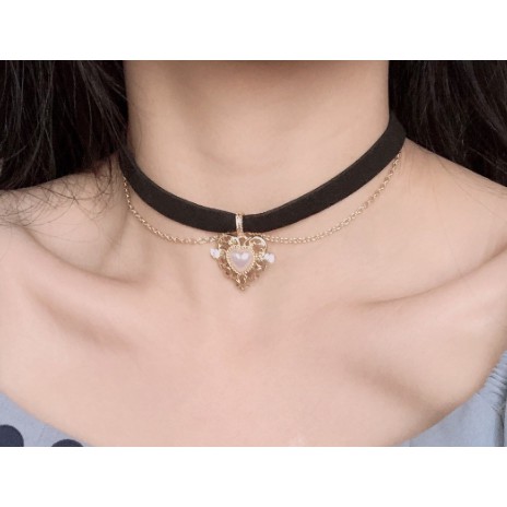 Vòng cổ choker retro gothic baroque - dây chuyền nữ cosplay công chúa mặt trái tim ngọc trai nhân tạo - Hades.js