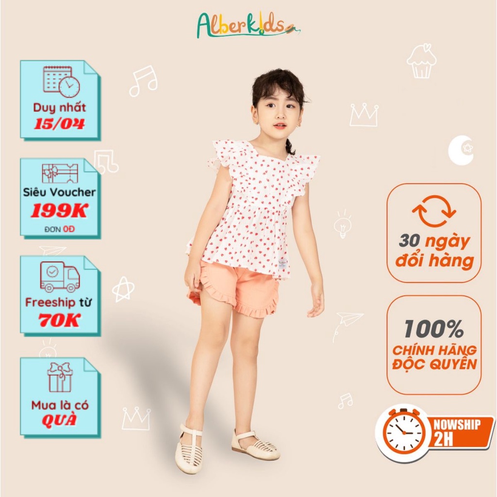 Đồ bộ bé gái ALBER KIDS họa tiết dâu tây chất liệu áo thô boi quần linen thoáng mát cho trẻ em từ 2 đến 12 tuổi [SA01]