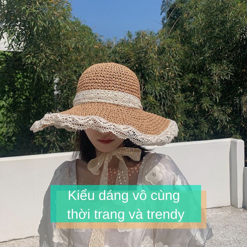 Mũ nón cói mềm viền ren dây ren buộc cổ tiểu thư