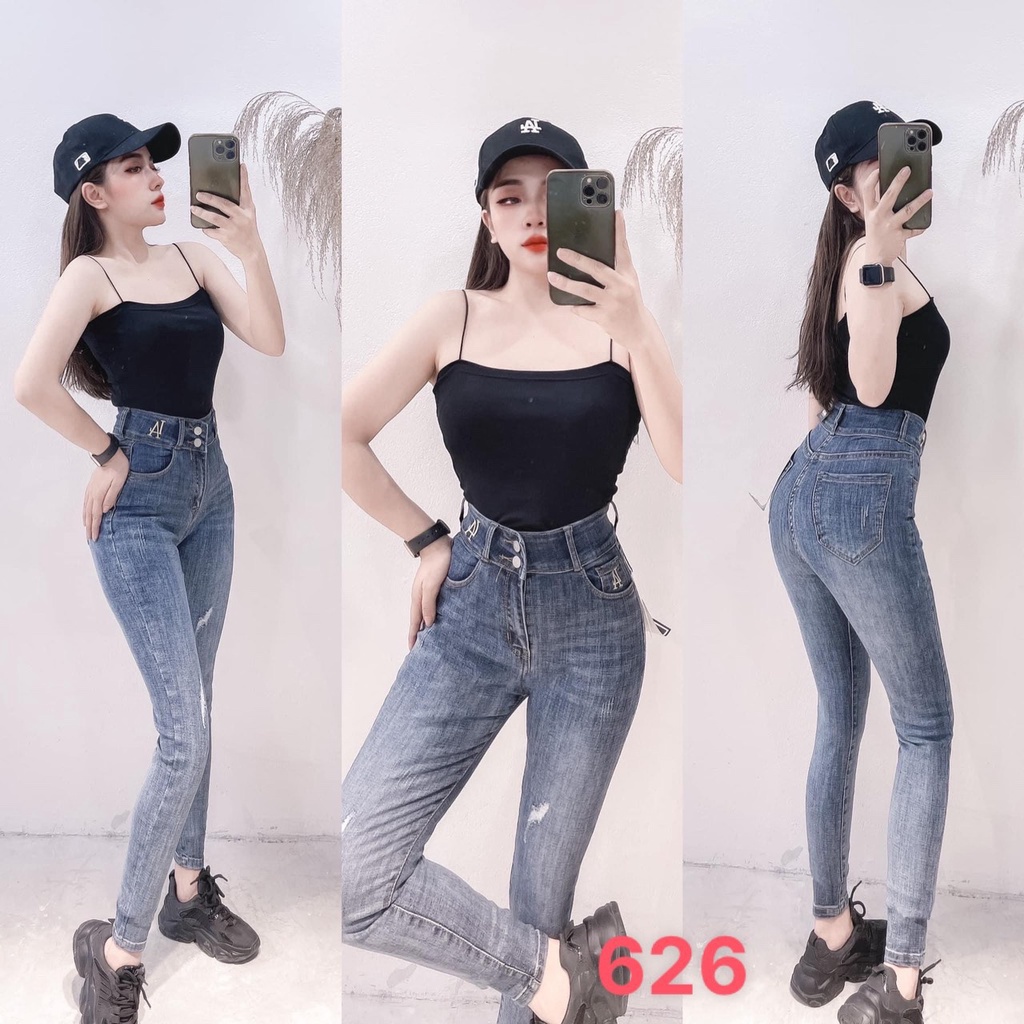 Quần jean nữ lưng cao màu xanh đậm kiểu eo,quần bò lưng cao tôn dáng mẫu xước nhẹ,quần nữ 3 nút T-FASHION 24H M523