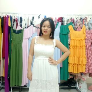 Đầm maxi trắng phối ren
