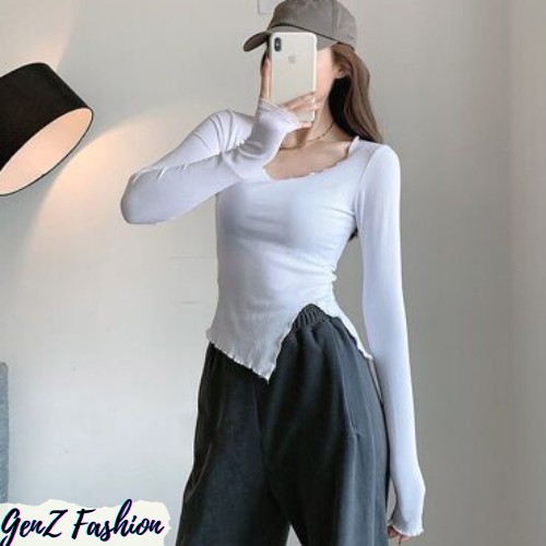 ⭕️ [CÓ HÌNH/VIDEO THẬT - HÀNG CAO CẤP] Áo Dài Tay Viền Sóng Tà Lệch_Mã 111_GenZ Fashion