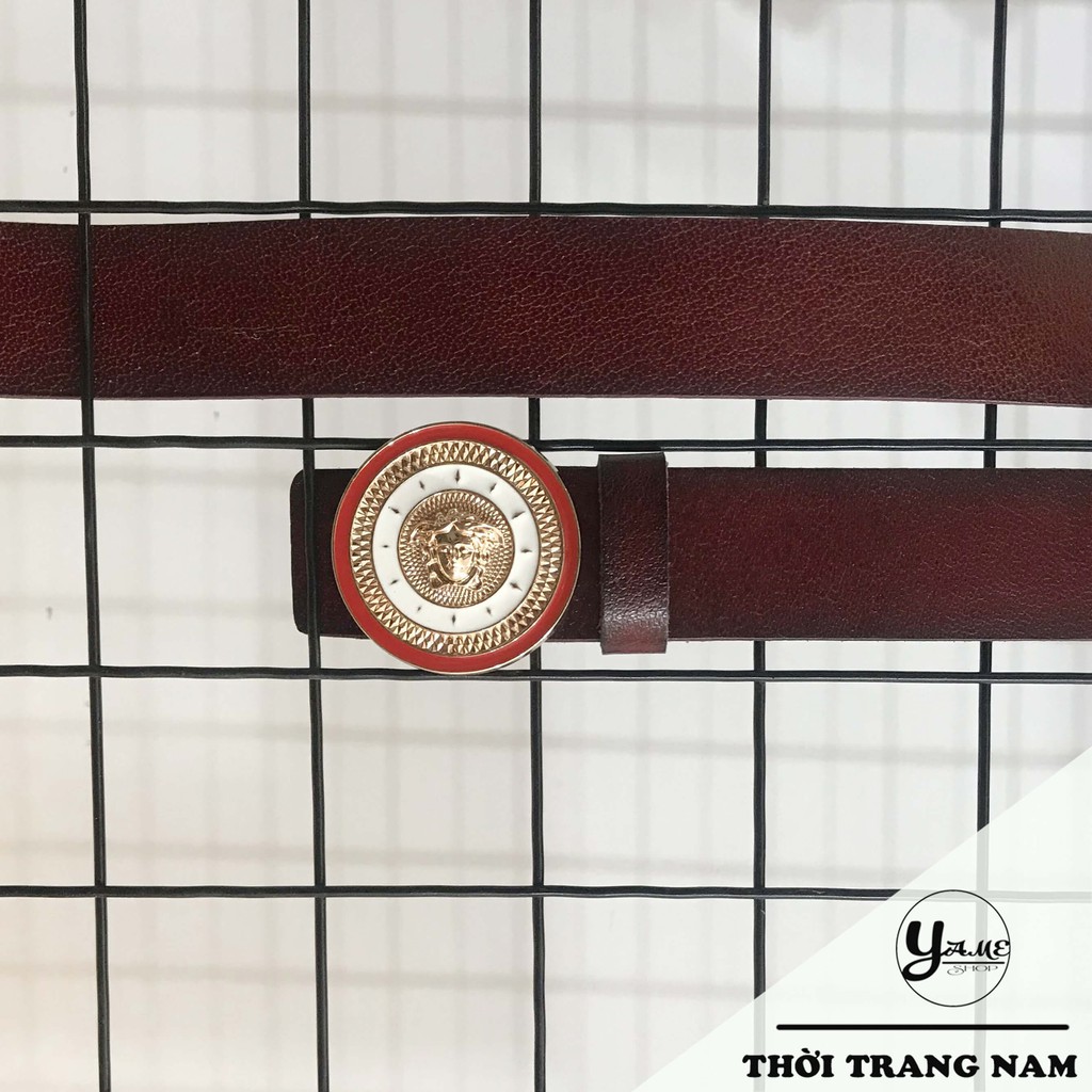Dây lưng da bò mặt tròn viền đỏ D08.2 (Hàng Limited)
