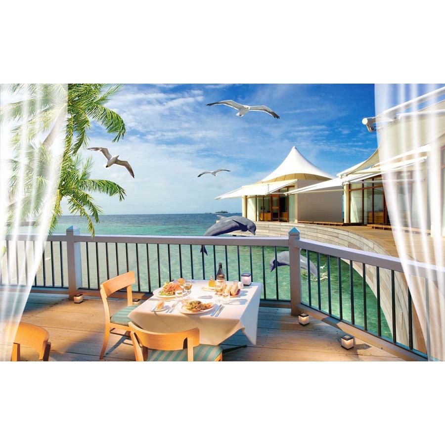 Tranh dán tường 3D khung cửa sổ thiên nhiên trong lành Vải Lụa 3D Cao Cấp