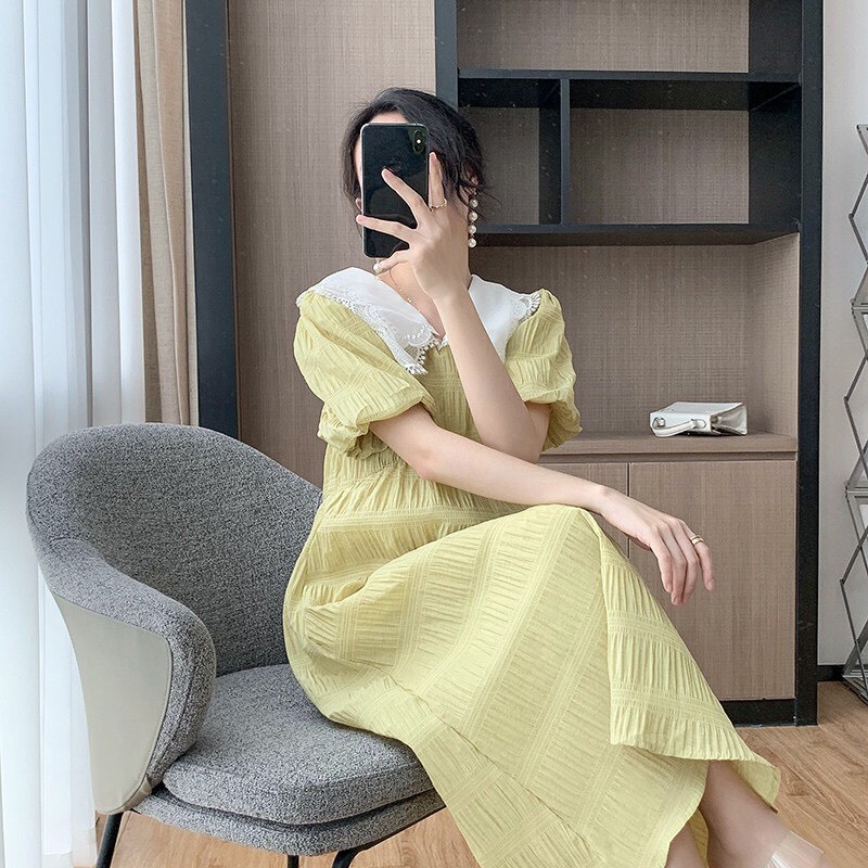 Váy đầm bầu cổ bèo thiết kế công sở, dự tiệc cho mẹ bầu phong cách hàn quốc sang trọng lịch sự mới mùa hè