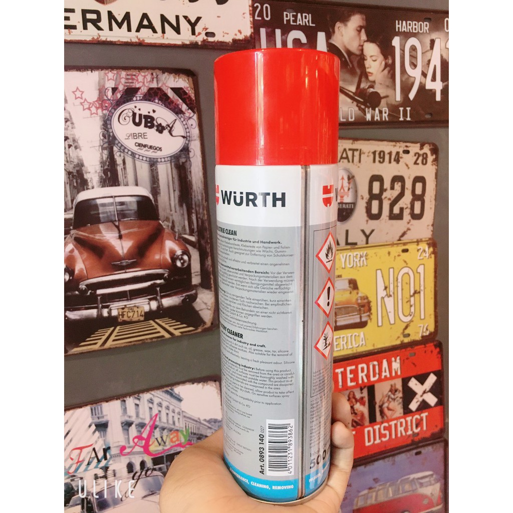 Tẩy keo dán decal, keo băng dính Wurth Industry Cleaner 500ml chamsocxestore