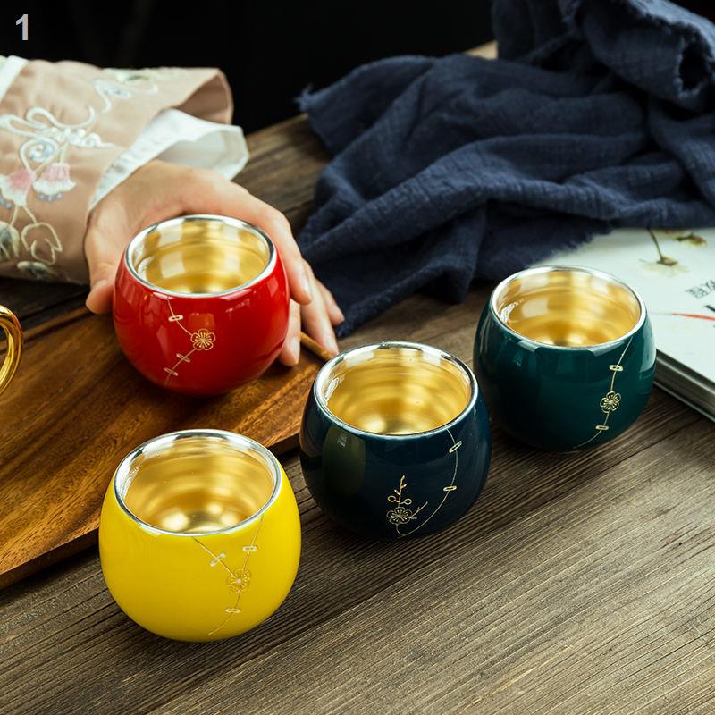 ❣☃Chén bạc 999 bảng Anh, chén bạc lớn La Hán sơn vàng, chén bạc mạ vàng thủ công, chén trà và bát trà bằng gốm sứ dát bạ