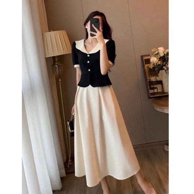 Set áo cổ phối cúc bọc mix chân váy