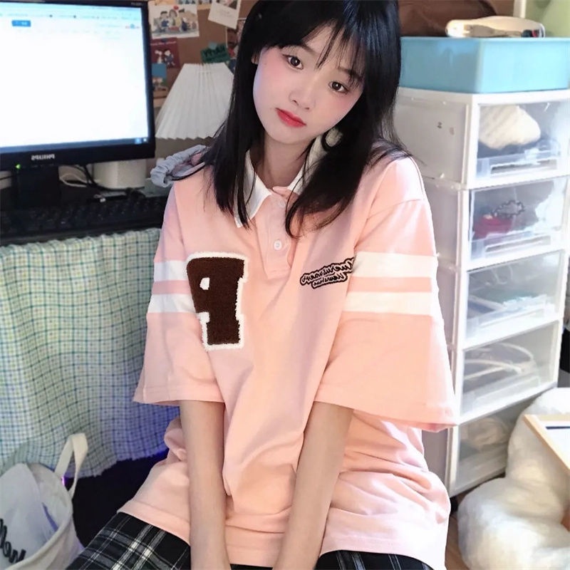 Jiashucheng Áo Thun Nữ Ngắn Tay Cổ Bẻ Form Rộng Phong Cách Hàn Quốc Mới