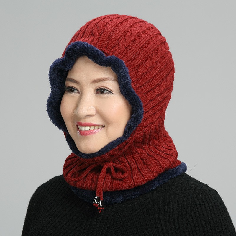 Mũ len kèm khăn cổ lót lông ấm áp cho người lớn tuổi mùa đông