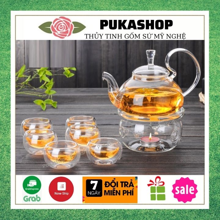 Bộ Ấm Chén Uống Trà Pukashop Bộ Ấm Trà Thủy Tinh, Ấm Trà Hoa, Bình Trà Thủy Tinh Chịu Nhiệt BAT 21