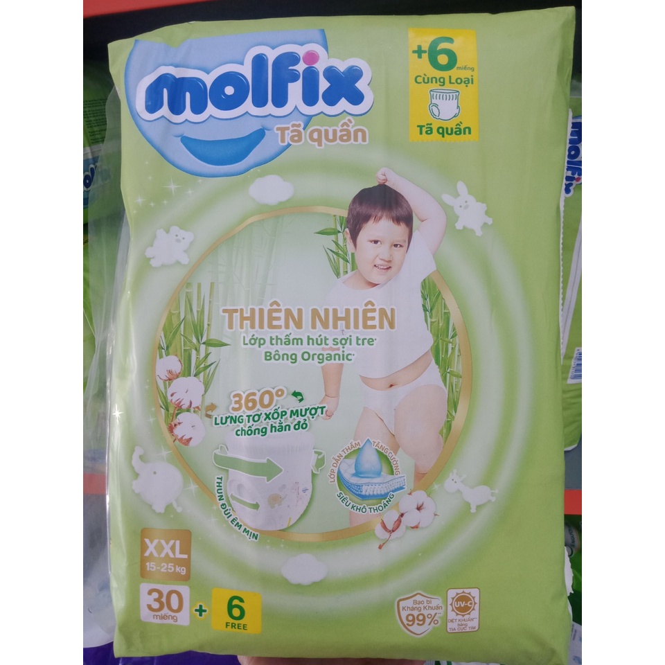 Tã/bỉm quần Molfix Thiên nhiên Ultra Size S88/M84/L76/XL70/XXL64