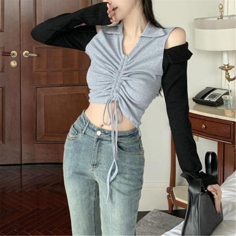 Áo Thun Ôm Dáng Phối Dây Rút Hở Vai Quyến Rũ Thời Trang Cho Nữ