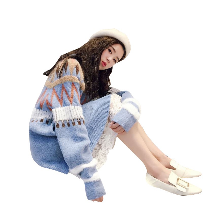 Áo len cổ tròn họa tiết thổ cẩm hot trend Harajuku