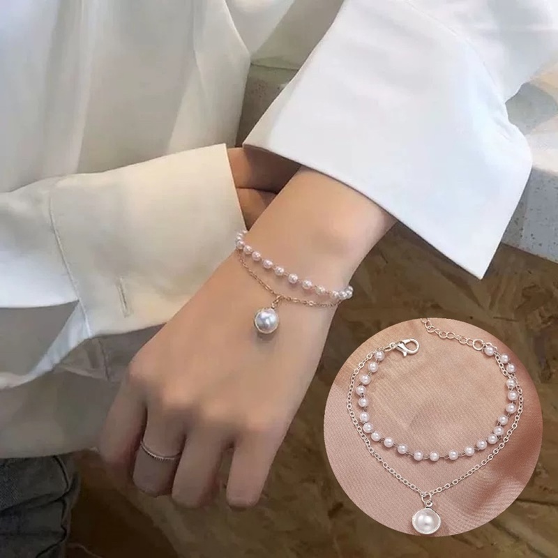 Vòng Tay Hai Lớp Đính Ngọc Trai Nhân Tạo Thời Trang Cho Nữ