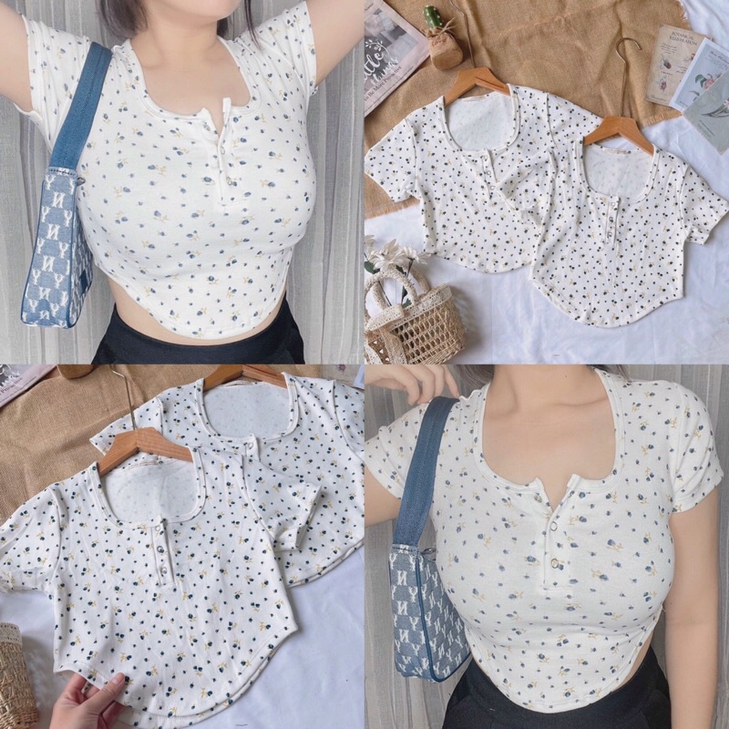 Áo croptop vạt bầu phối cúc bấm hoạ tiết hoa nhỏ xinh xắn