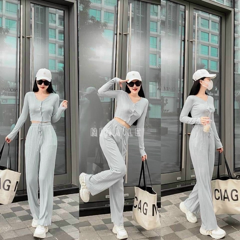 Set Bộ Gân Tăm Áo tay dài nút cài quần ống rộng 583