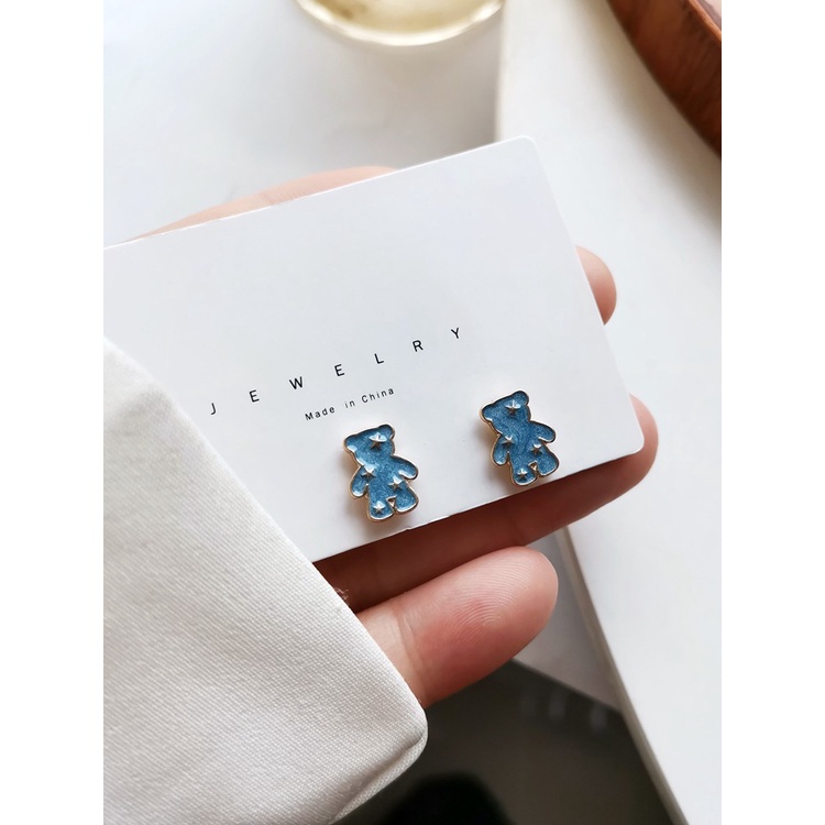 Bông tai gấu hình sao nhỏ màu xanh phong cách Hàn Quốc dành cho nữ