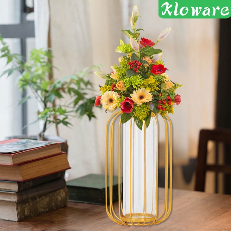 Bình hoa kiểu đèn lồng bằng thủy tinh khung sắt màu vàng phong cách Bắc Âu trang trí nhà cửa/văn phòng