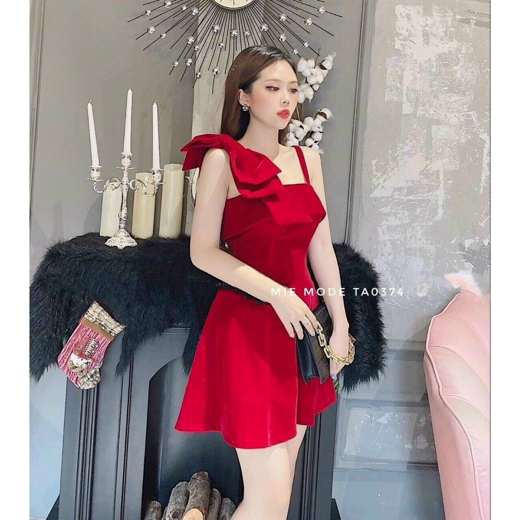 Đầm nữ ngắn xòe kết nơ vai có mút ngực hai màu đỏ đen siêu đẹp thời trang thiết kế Arava kn72
