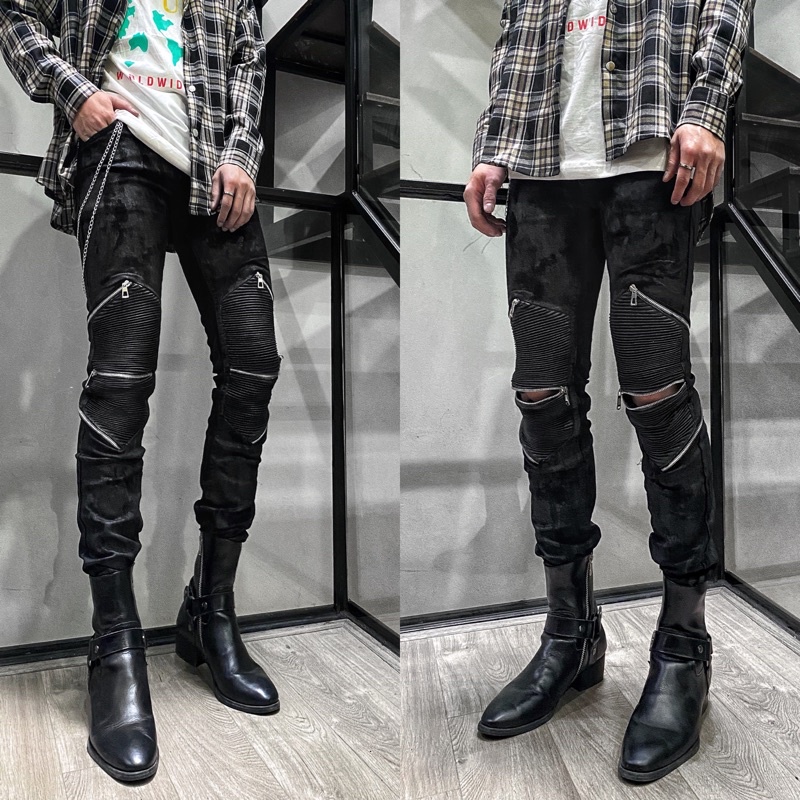 Biker Jeans Siêu Cấp - Quần bò dáng biker wax 6 zip chéo