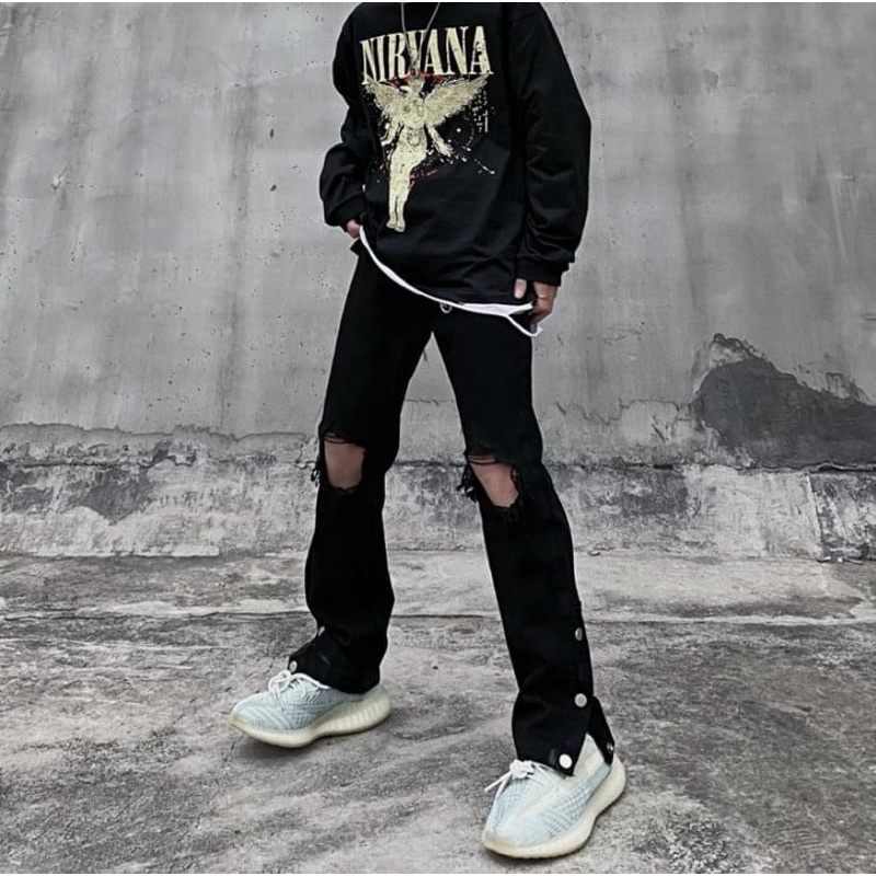 Quần jean button 3 cúc rách gối nam nữ phong cách unisex cargo pant