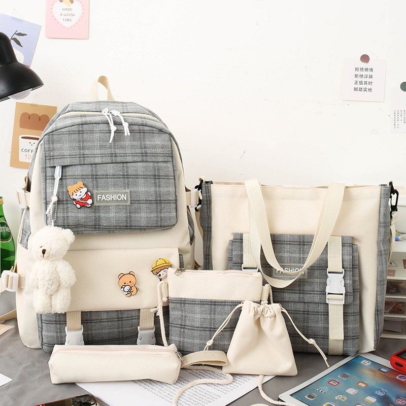 Set Ba Lô 5 Món Bằng Vải Oxford Sức Chứa Lớn Sọc Caro Thời Trang Cho Nữ