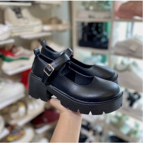Bốt nữ dáng oxford da bóng thấp cổ, Giày Nữ Lolita Dây Cài 5cm Phong Cách Hàn Quốc